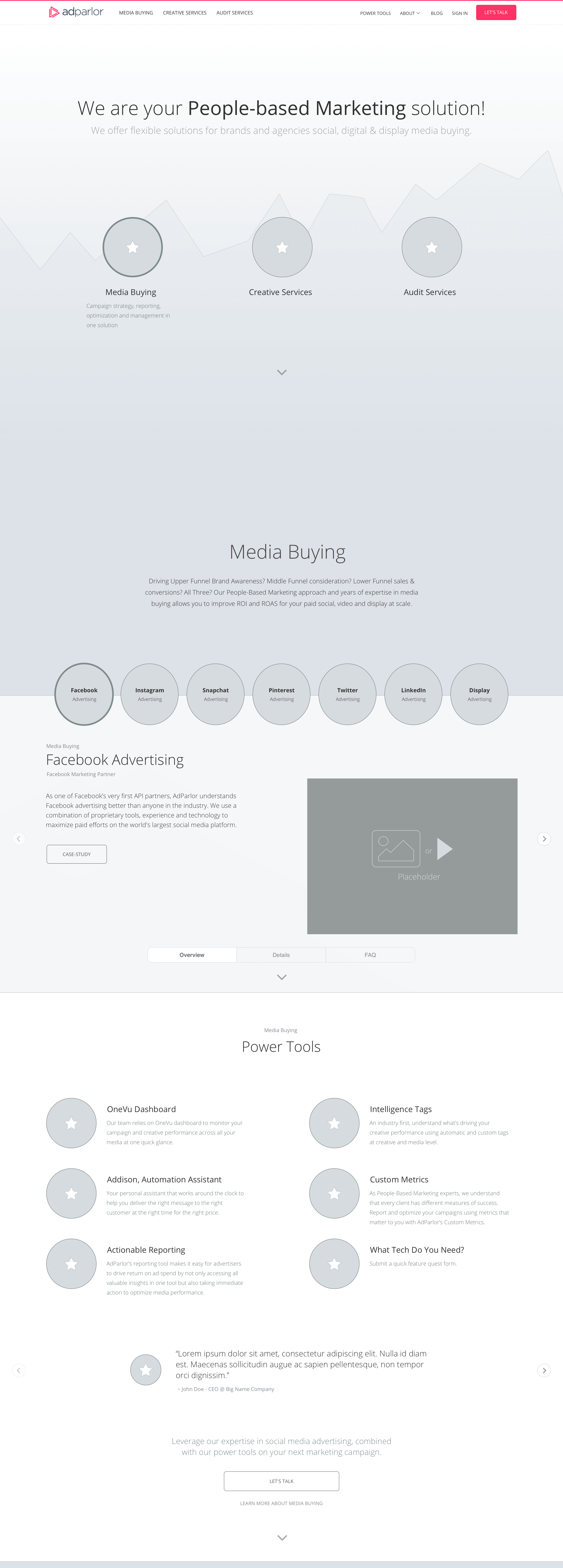 Homepage middle-fidelity initial concept wireframe
