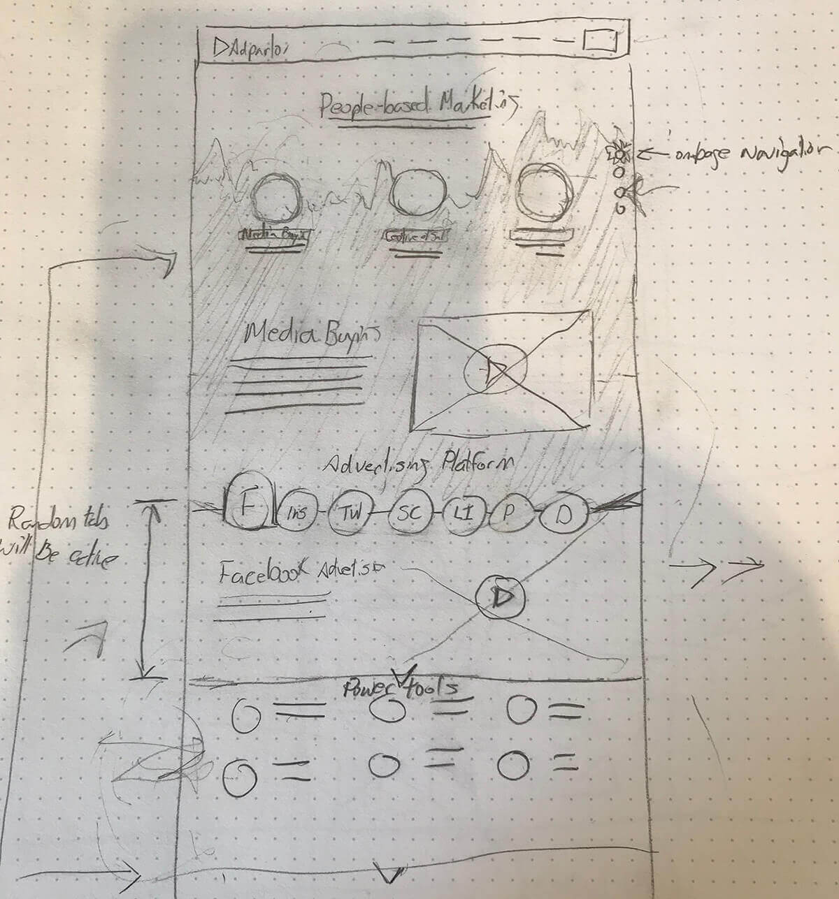 Homepage low-fidelity initial concept wireframe