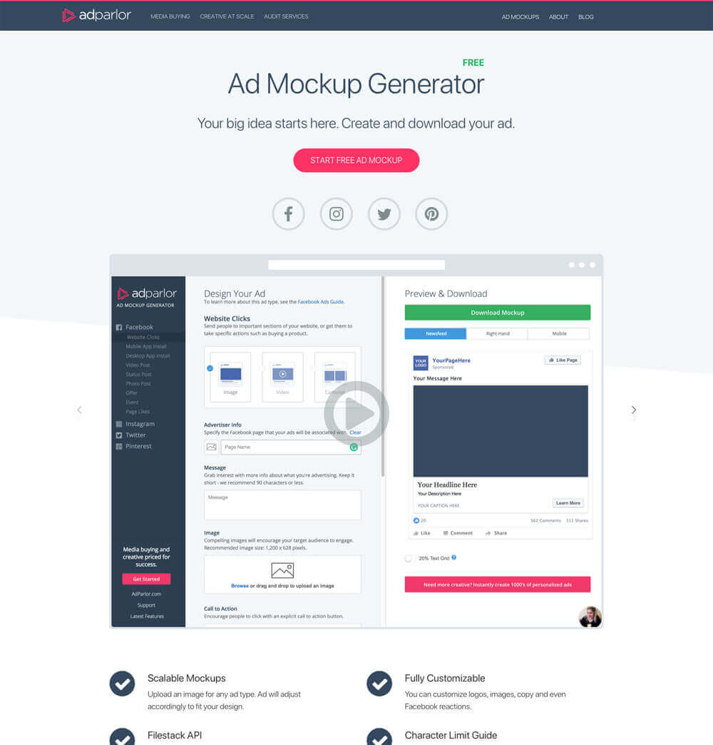 AdParlor 2018 Redesign - Ad Mockup Generator fully-realized design mock-up