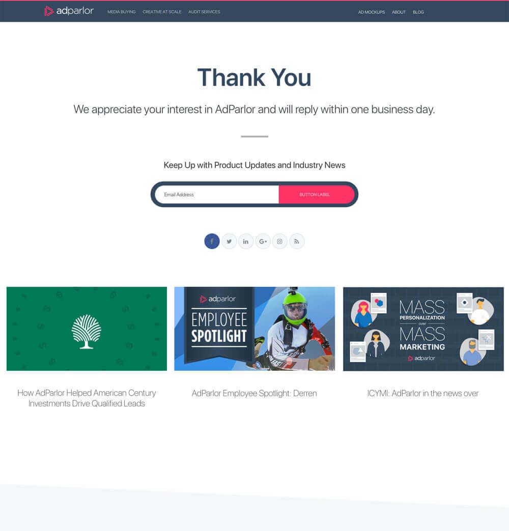 AdParlor 2018 Redesign - Thank You Page fully-realized design mock-up