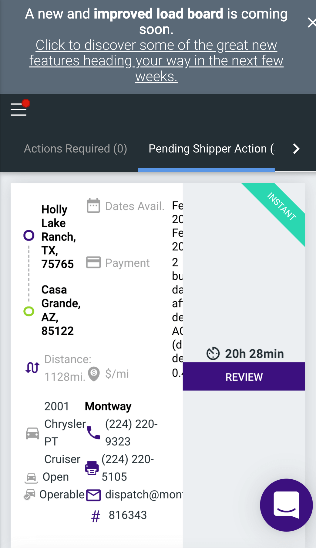 Mobile View: Load Board